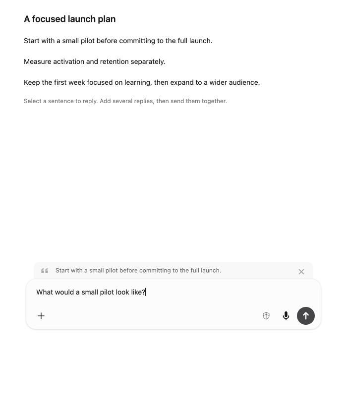 The selected passage above the composer, with a question ready to send.