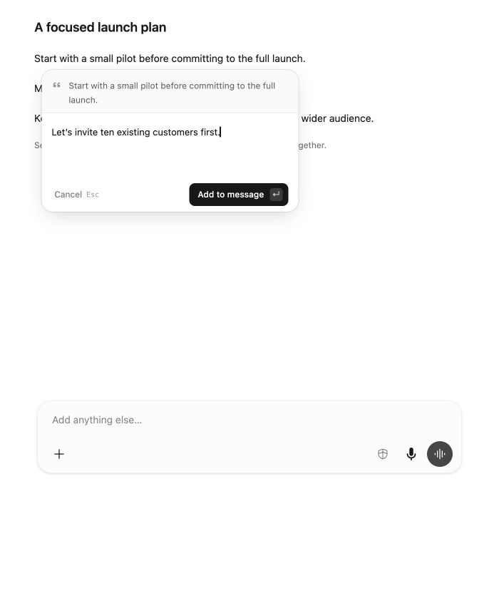 The reply editor shows the selected passage above a response and an Add to message button.