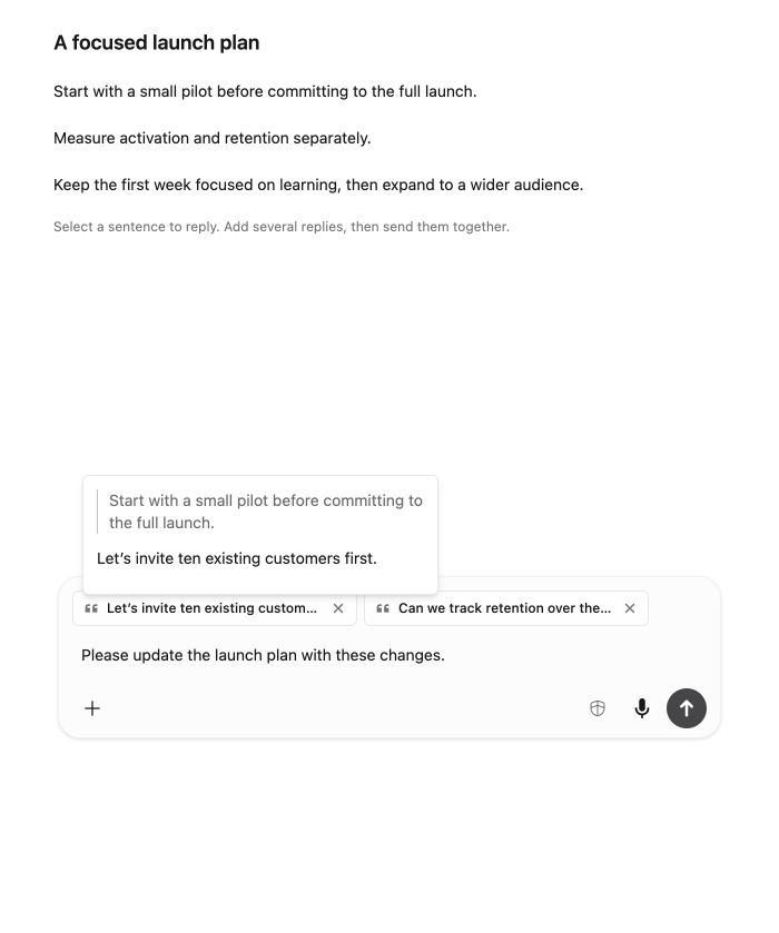 Two reply blocks in the composer, with one expanded to show its quote and response.