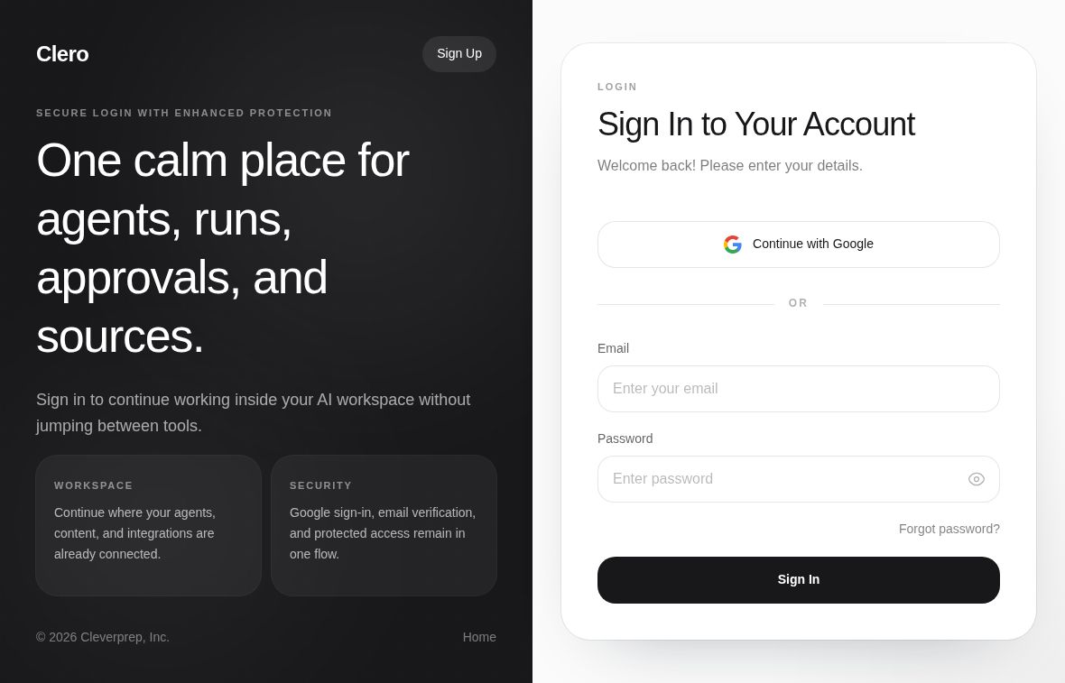 Clero sign-in page with Google sign-in and empty email and password fields.
