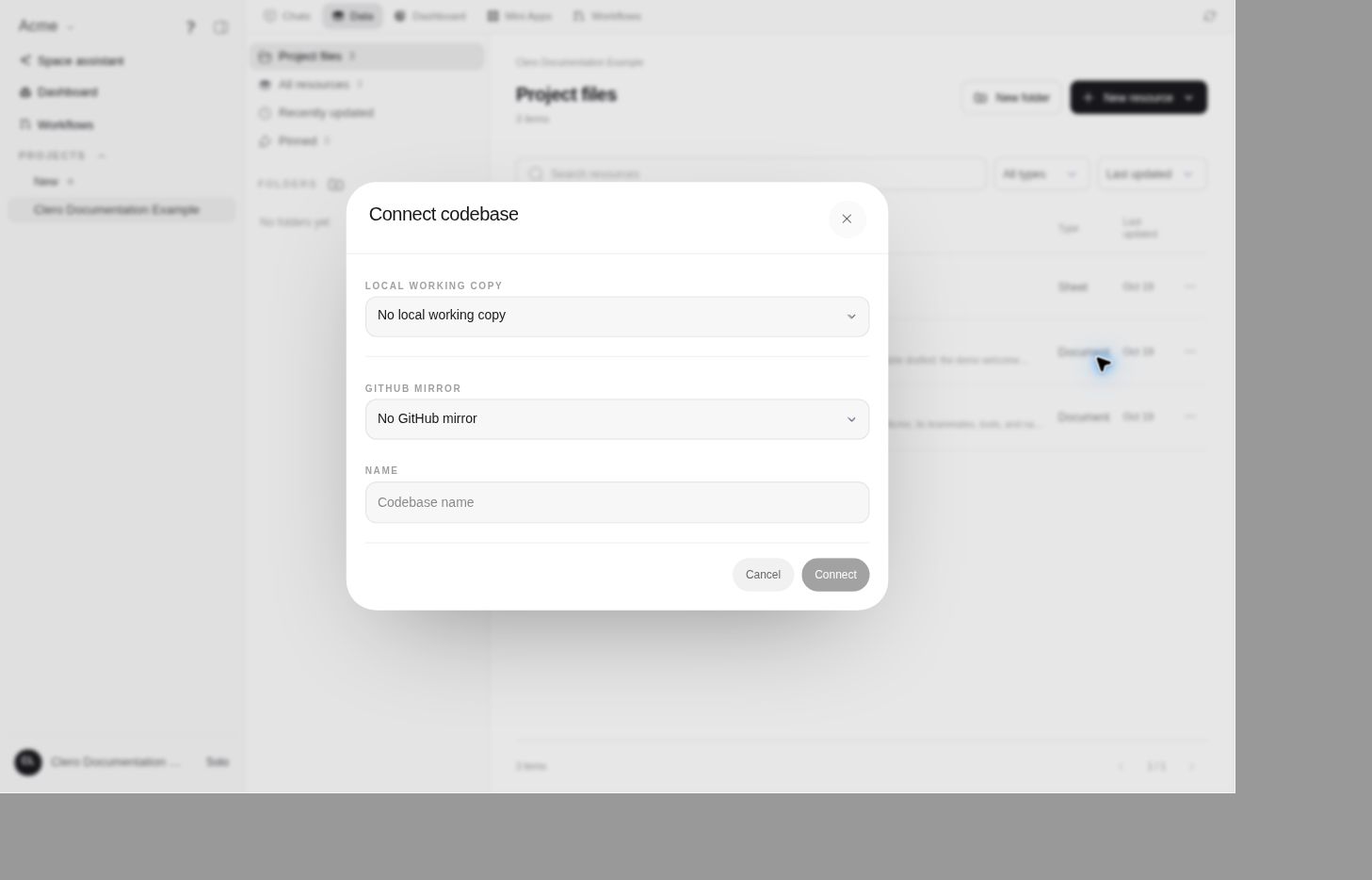 Connect codebase form with local working copy, GitHub mirror, and name fields.