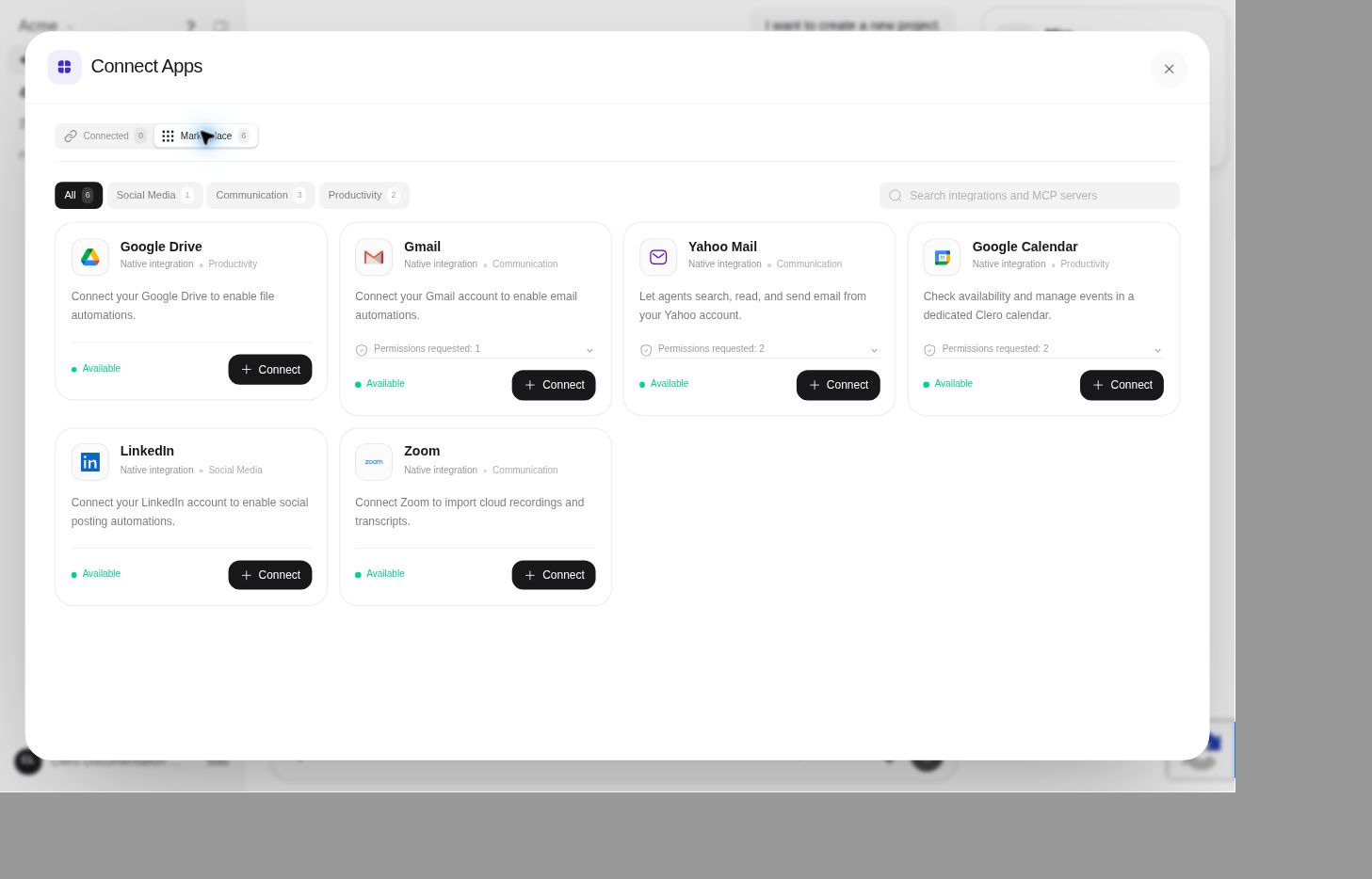 Connect Apps Marketplace with service entries and connection controls.