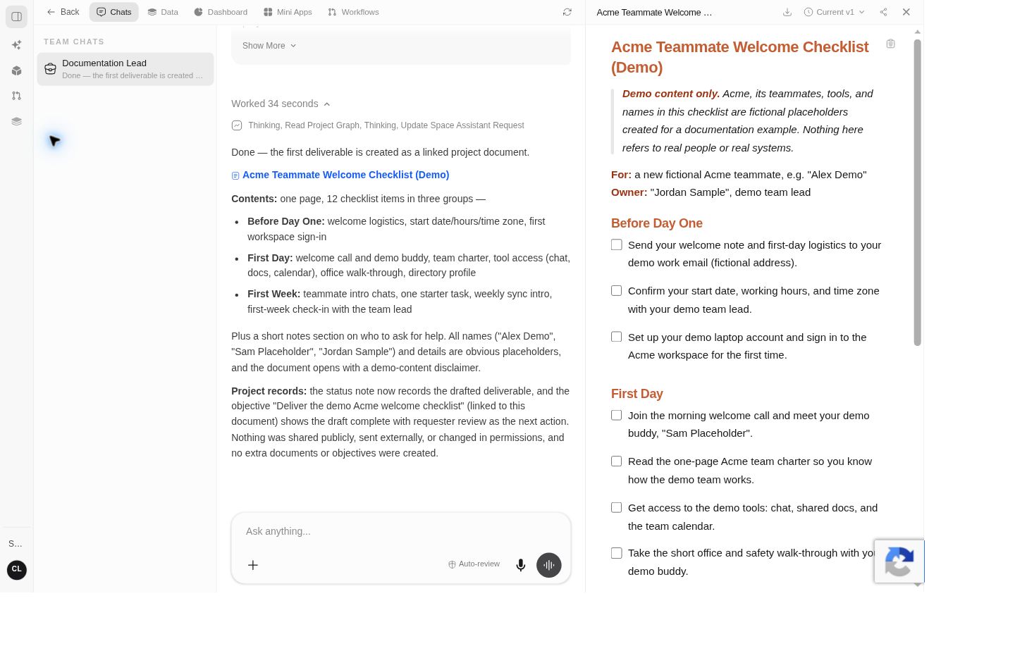 Completed welcome checklist opened beside the project-manager conversation.