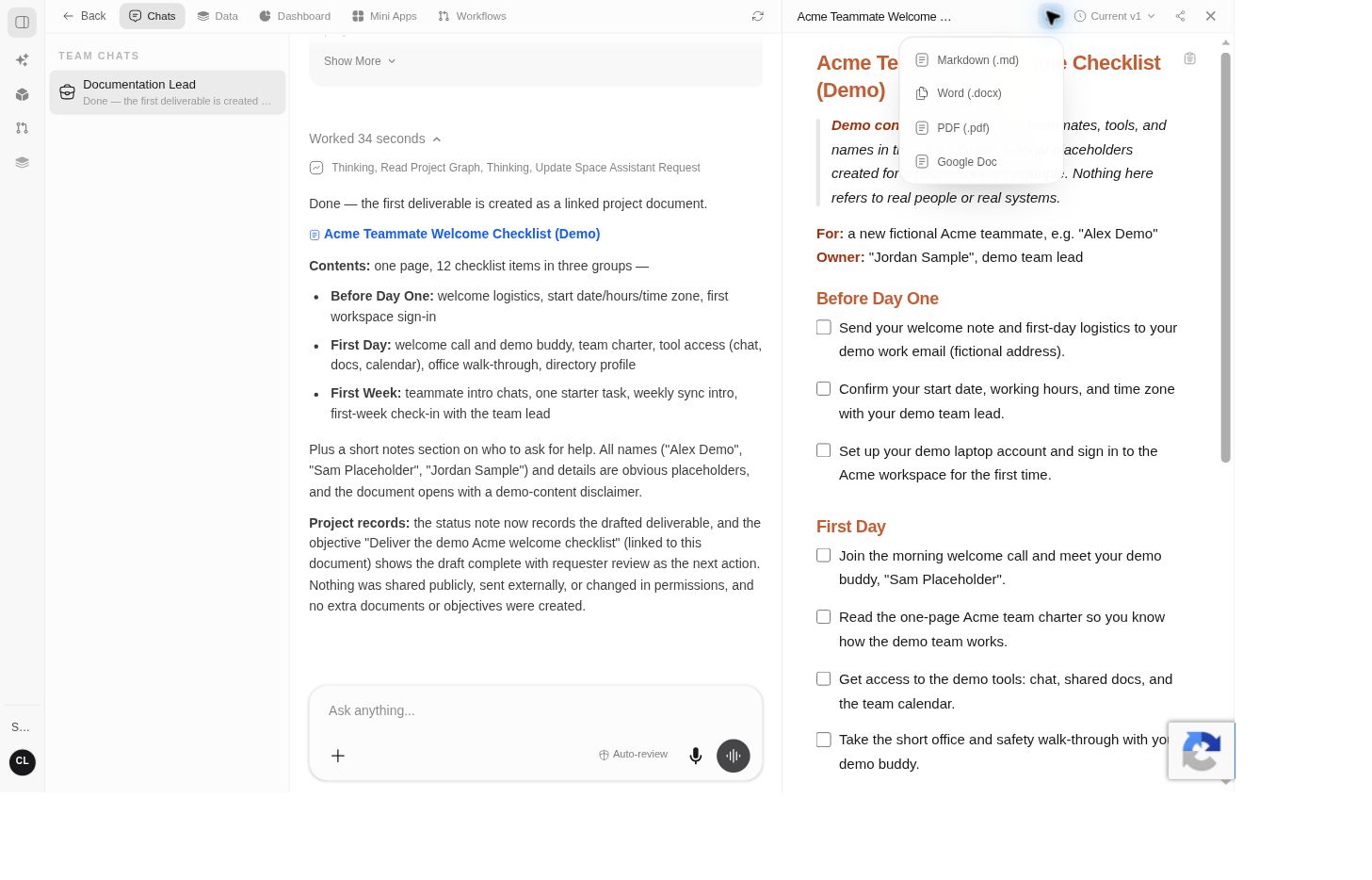 Document Download menu with Markdown, Word, PDF, and Google Doc options.