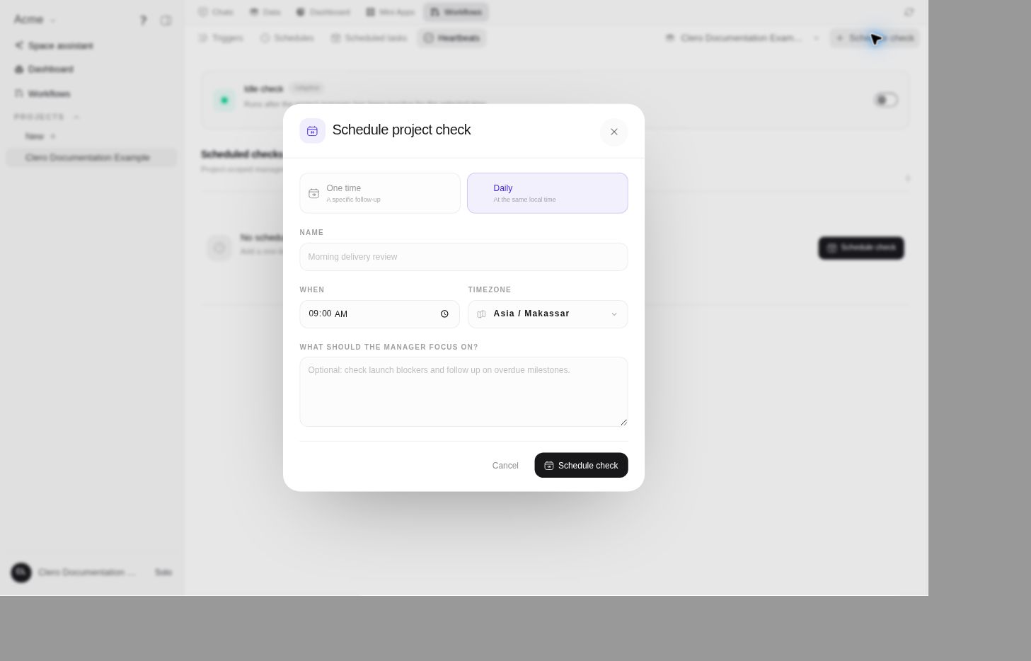 Daily Schedule project check form with name, local time, time zone, and optional manager focus.