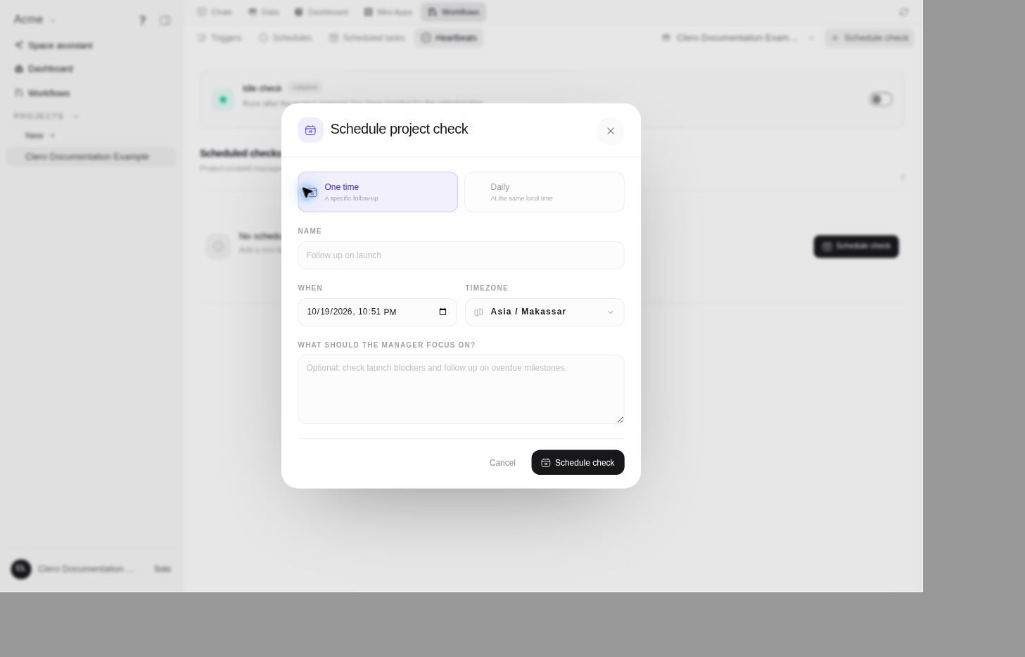 One-time Schedule project check form with a date-and-time field.