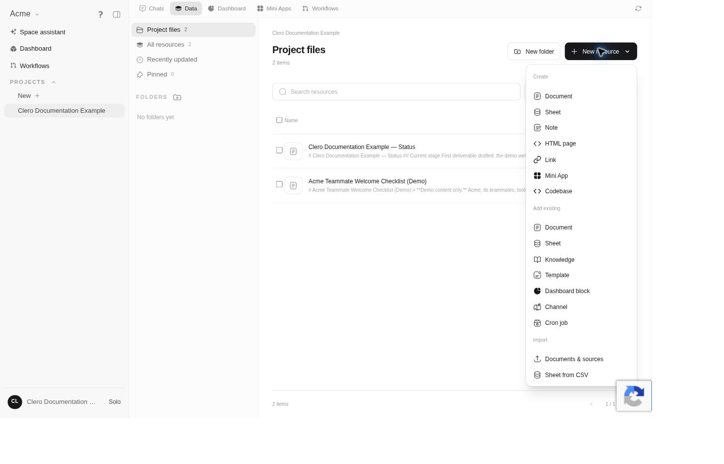New resource menu showing Create, Add existing, and Import choices.