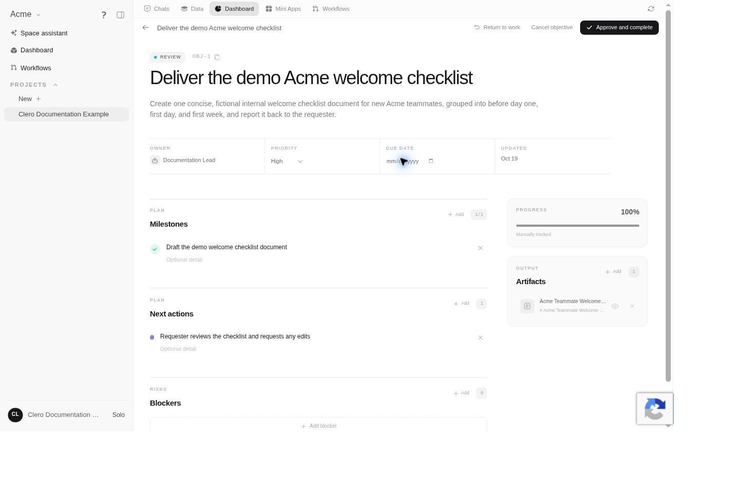 The welcome-checklist objective in Review with its linked artifact and approval action.