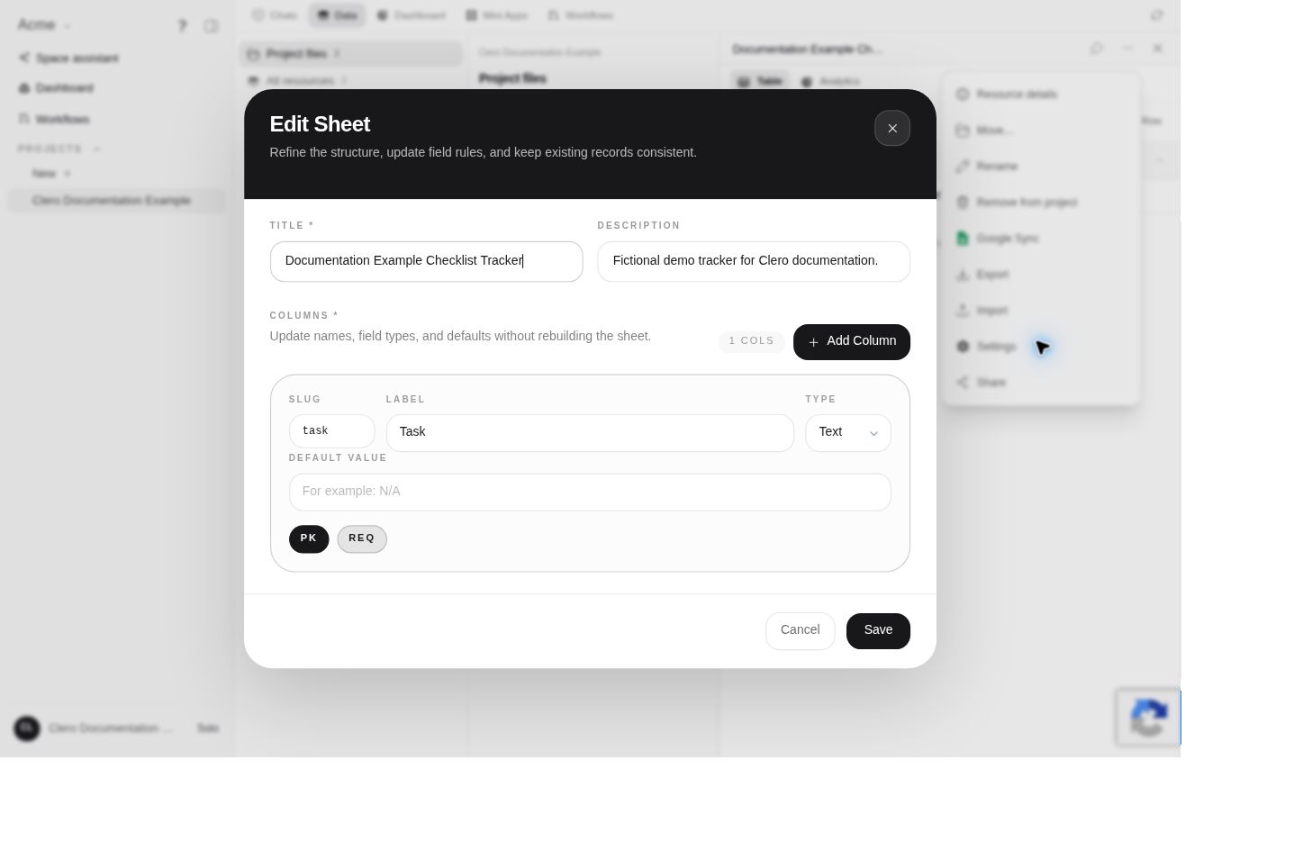 Sheet structure dialog showing the title, description, and a Task text column.