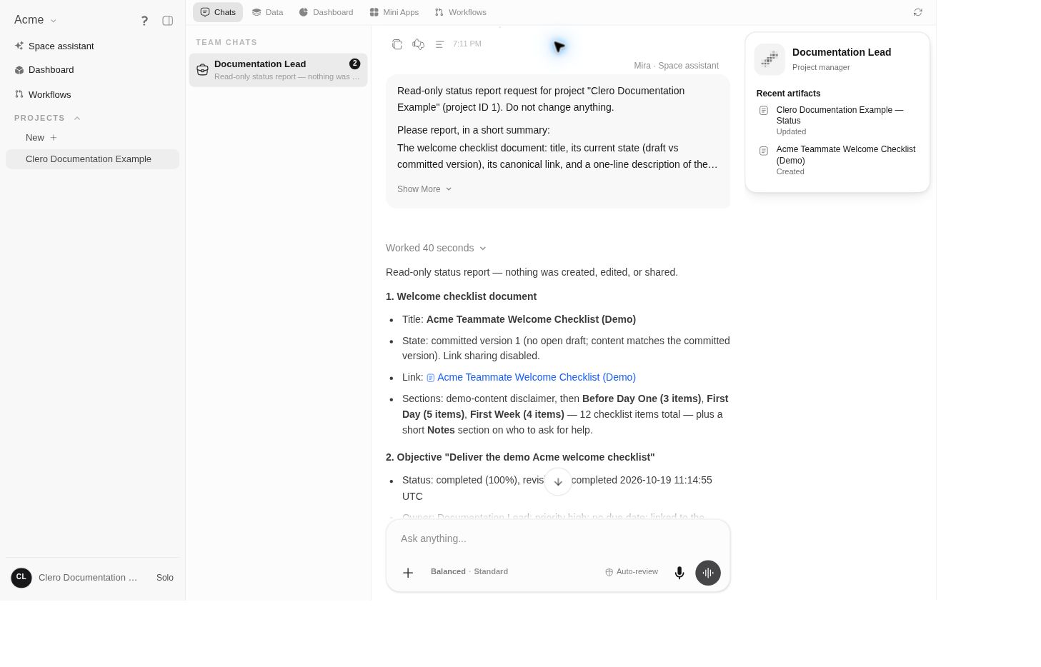 Mira presents a status response after contacting Documentation Lead in the project.